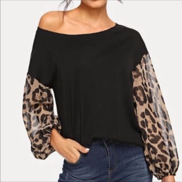 Tops - Leopard print sheer balloon sleeve top
